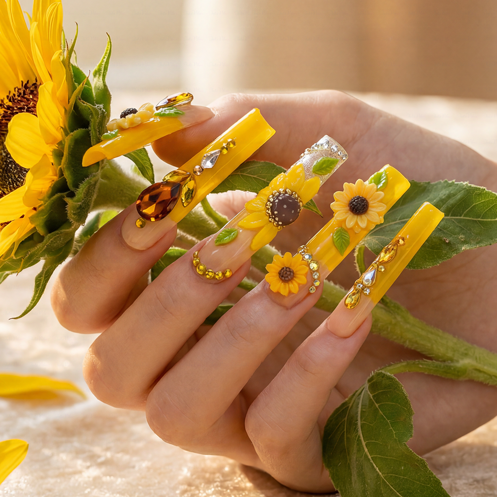 Sunflower Glow-Bright Yellow Long Square Press-Ons with 3D Sunflower & Gem Accents