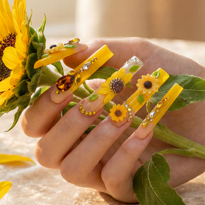 Sunflower Glow-Bright Yellow Long Square Press-Ons with 3D Sunflower & Gem Accents