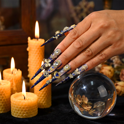 Midnight Royal-Navy Blue & Milky White Extra Long Stiletto Press-Ons with Gold Foil & Gem Butterfly Charms