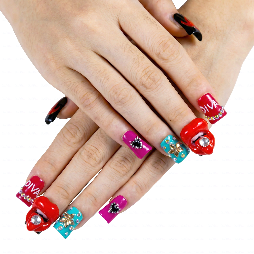 Diva Pout – Bold Multi-Color Short Duck Press-Ons with 3D Lip & Rhinestone Charms