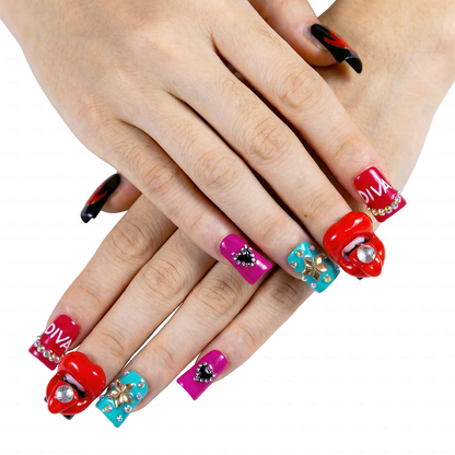 Diva Pout – Bold Multi-Color Short Duck Press-Ons with 3D Lip & Rhinestone Charms