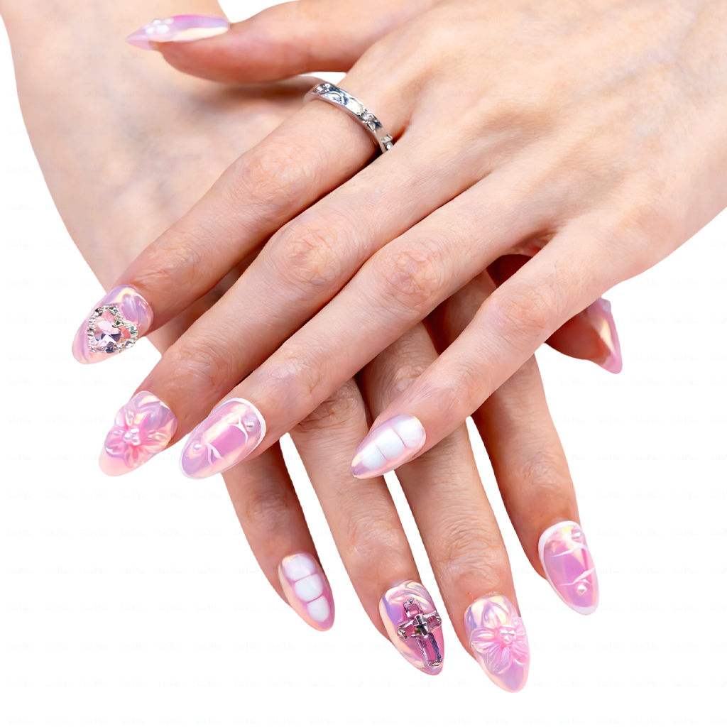 Aurora Bloom – Iridescent Pink Short Almond Press-Ons with 3D Floral & Heart Rhinestone Charms