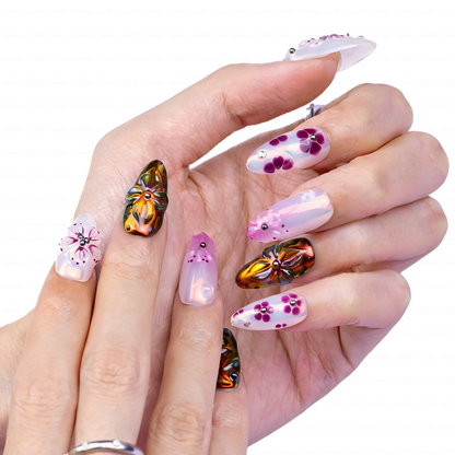 Aurora Flora – Iridescent Purple Medium Almond Press-Ons with 3D Floral & Chameleon Metallic Accents