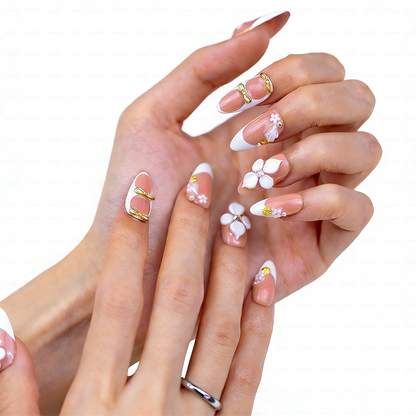 Peach Whisper – Soft Peach Short Almond Press-Ons with 3D Flower, Gold Bow & French Tip Detail