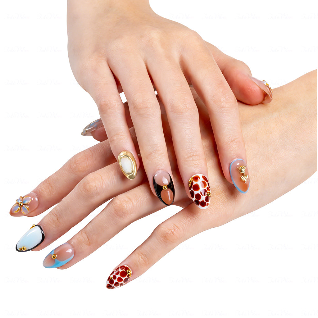 Caramel Retro Boho – Brown & Blue Medium Almond Press-Ons with 3D Flower & Gold Charms