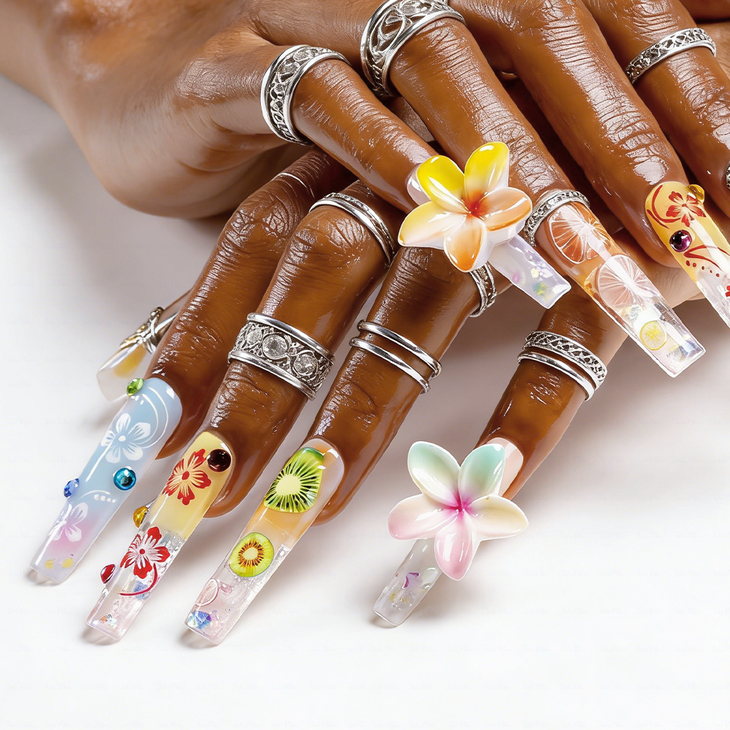 Tropical Fruit-Pastel Multi-Color Long Square Water Press-Ons with Hand-Painted Fruit & 3D Floral Accents