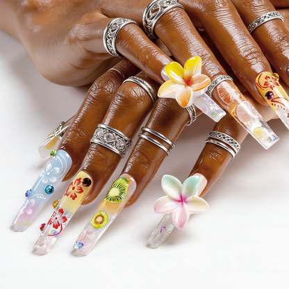 Tropical Fruit-Pastel Multi-Color Long Square Water Press-Ons with Hand-Painted Fruit & 3D Floral Accents