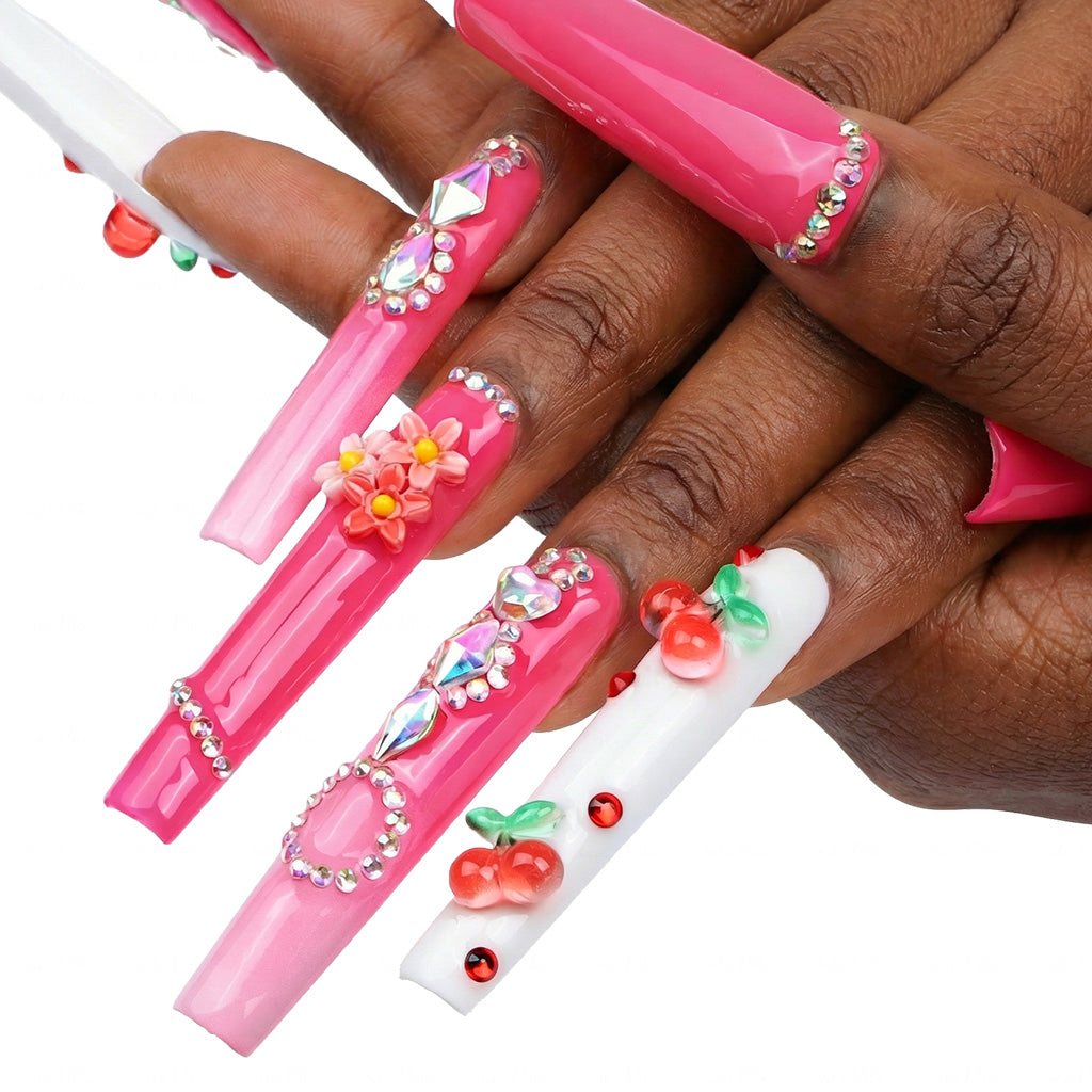 Cherry Blossom  Hot Pink Long Square Press-Ons with 3D Cherry & Flower Charms