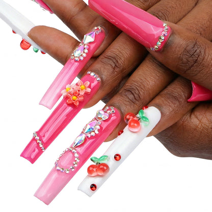 Cherry Blossom  Hot Pink Long Square Press-Ons with 3D Cherry & Flower Charms