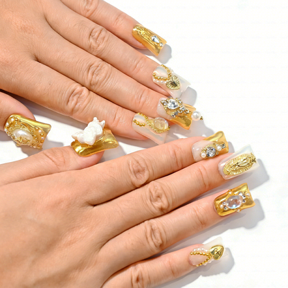 Baroque Angel – Gold & Milky White Short Duck Press-Ons with 3D Angel & Virgin Mary Charms