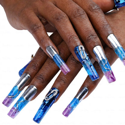 Cyber Blue Blue & Purple Long Square Water Press-Ons with Pin & Cross Charms