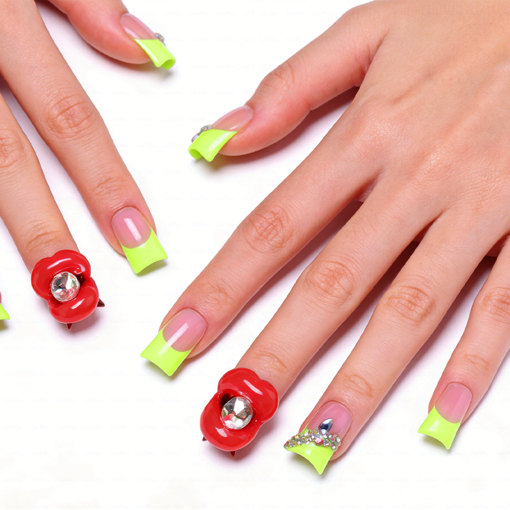 Neon Kiss – Blush Pink & Neon Green Short Duck Press-Ons with 3D Lip & Rhinestone Charms