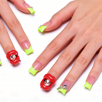 Neon Kiss – Blush Pink & Neon Green Short Duck Press-Ons with 3D Lip & Rhinestone Charms