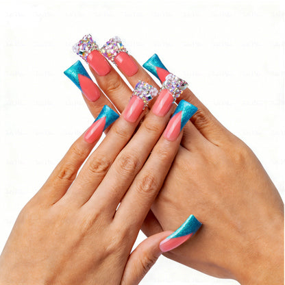 Mermaid V French-Nude & Turquoise Short Duck Press-Ons with V-Tip & Iridescent Rhinestone Accents