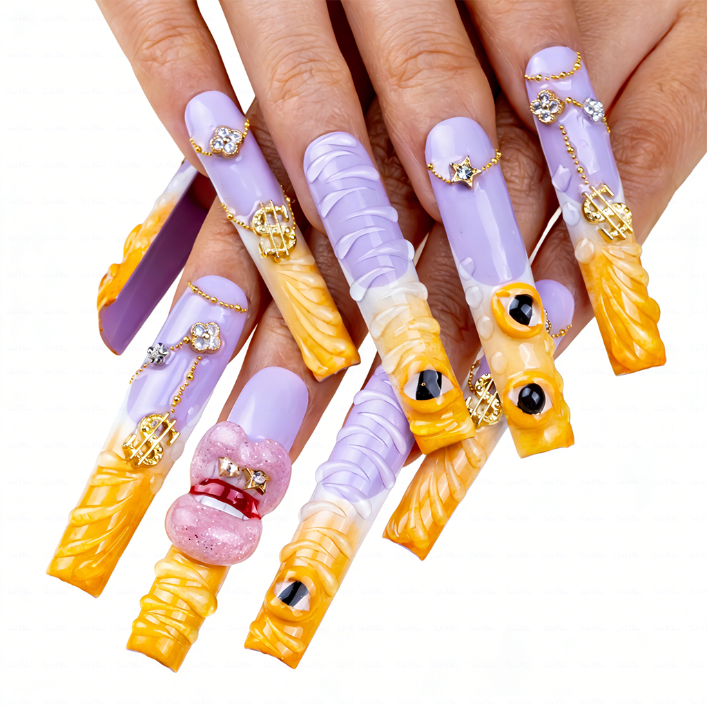 Sunset Swirl – Lavender & Mango Long Square Press-Ons with 3D Lip & Chain Charms