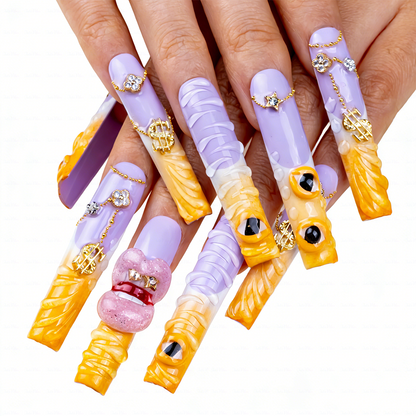 Sunset Swirl – Lavender & Mango Long Square Press-Ons with 3D Lip & Chain Charms