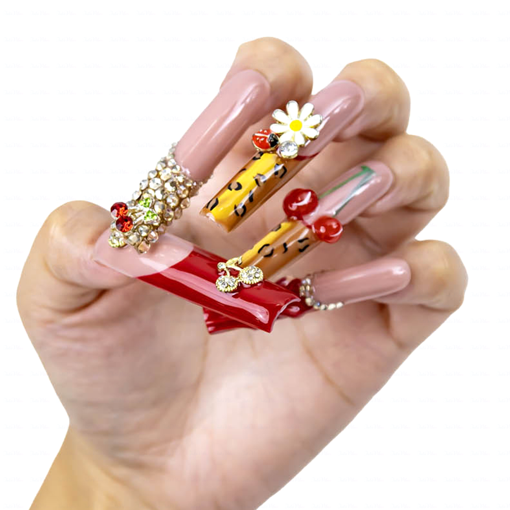 Cherry Leopard-Red & Nude Long Square Press-Ons with 3D Cherry & Leopard Print Accents
