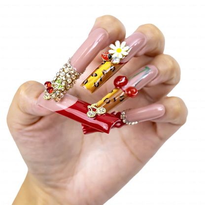 Cherry Leopard-Red & Nude Long Square Press-Ons with 3D Cherry & Leopard Print Accents