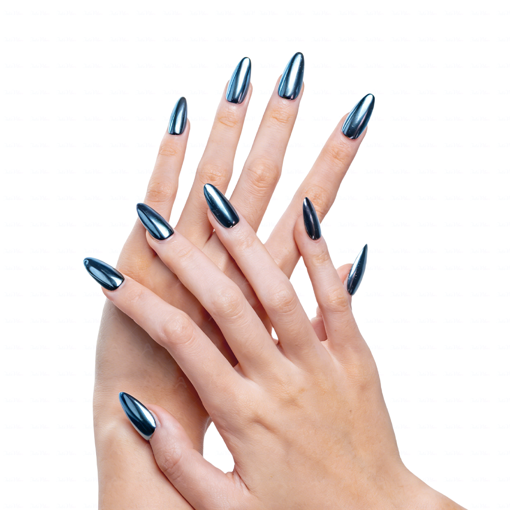 Navy Chrome – Deep Blue Metallic Medium Almond Press-Ons with Mirror Gloss Finish