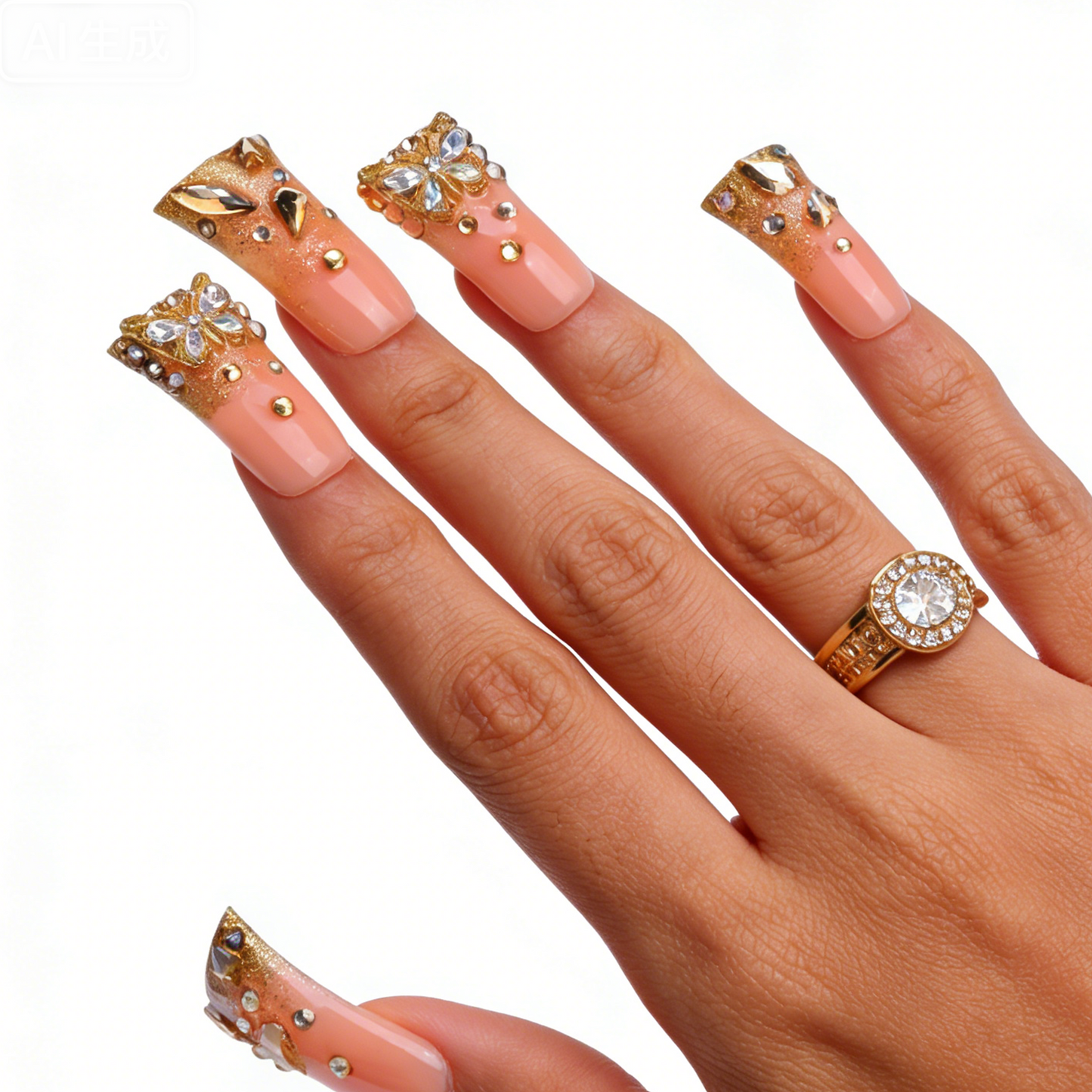 Golden Butterfly – Nude & Gold Long Duck Press-Ons with Butterfly Rhinestone Accents