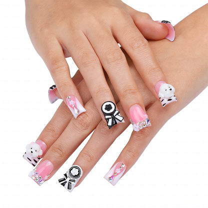 Puppy Princess-Soft Pink Short Duck Press-Ons with 3D Poodle & Camellia Bow Charms