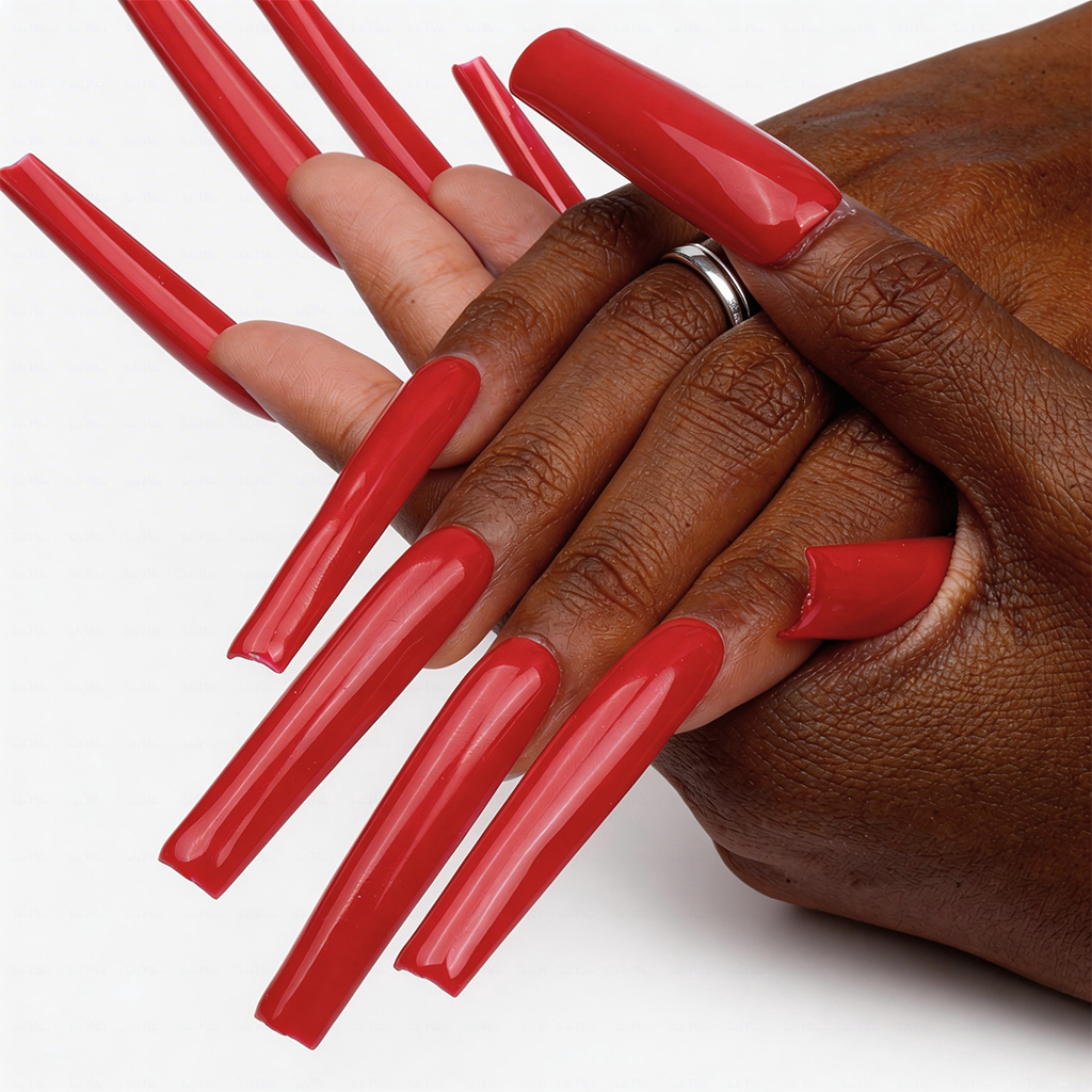 Ruby Red-Bright Red Long Square Press-Ons with High Gloss Solid Finish