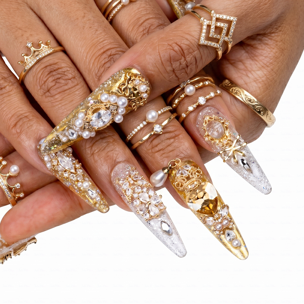 Made-to-Order | Champagne Regal Pearl – Gold & Ivory Glitter Long Stiletto Press-Ons with Pearl Gem Charms