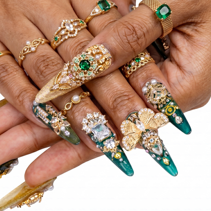 Made-to-Order | Emerald Royal Baroque – Green & Gold Long Stiletto Press-Ons with Vintage Gem Charms
