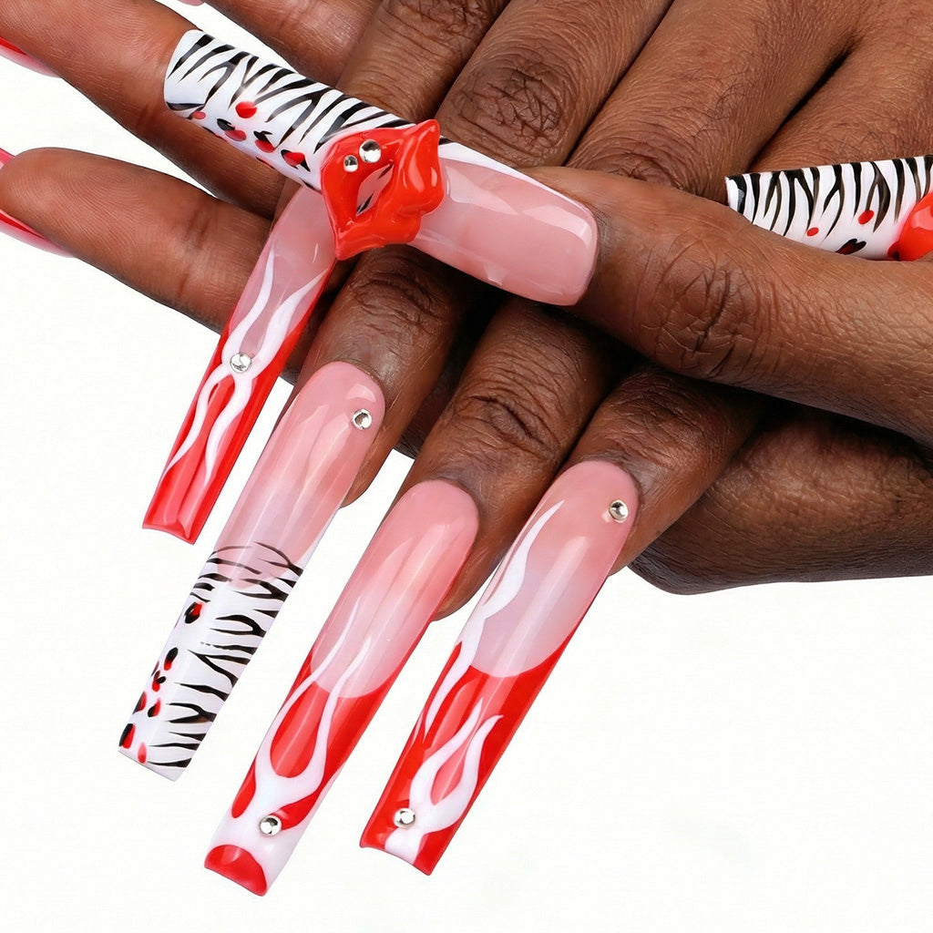 Flame Lip  Red & Nude Long Square Press-Ons with 3D Lip & Flame Accents