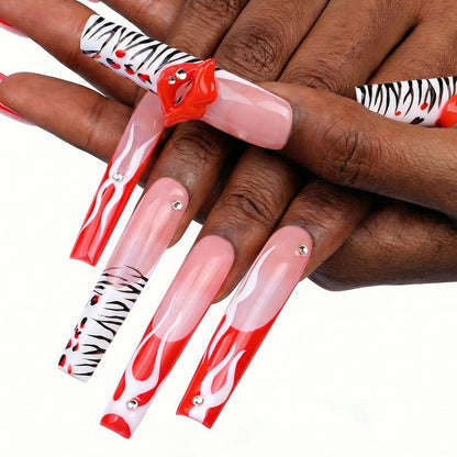 Flame Lip  Red & Nude Long Square Press-Ons with 3D Lip & Flame Accents