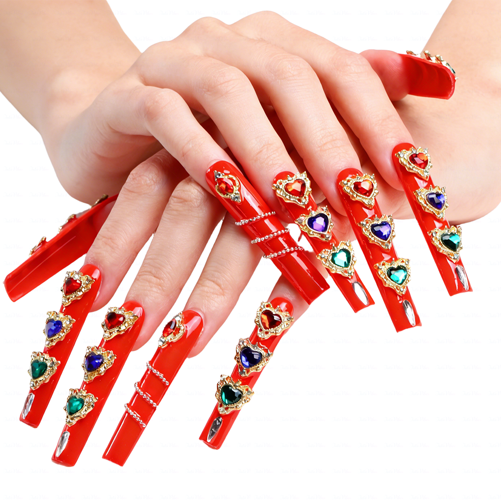 Royal Heart – Bright Red Long Square Press-Ons with Multi-Color Heart Gem & Gold Accents