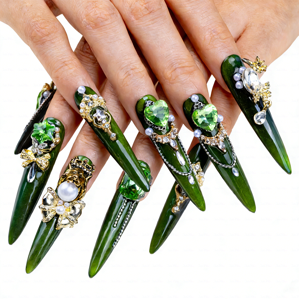 Emerald Royale – Deep Forest Green Long Stiletto Press-Ons with Emerald Gems, Gold Crown & Bow Charms