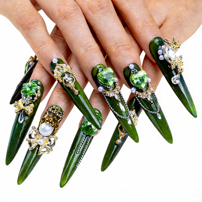 Emerald Royale – Deep Forest Green Long Stiletto Press-Ons with Emerald Gems, Gold Crown & Bow Charms