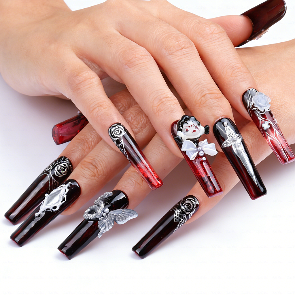 Goth Doll-Black & Red Long Square Water Press-Ons with 3D Doll & Snake Charms
