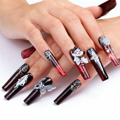 Goth Doll-Black & Red Long Square Water Press-Ons with 3D Doll & Snake Charms