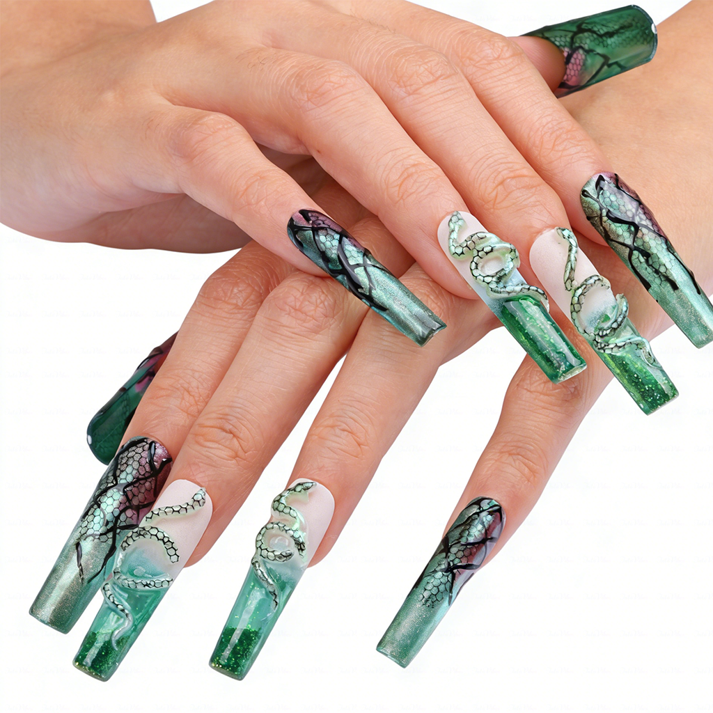 Snake Scale  Green & Purple Long Square Water Press-Ons with 3D Snake & Cracked Print Accents