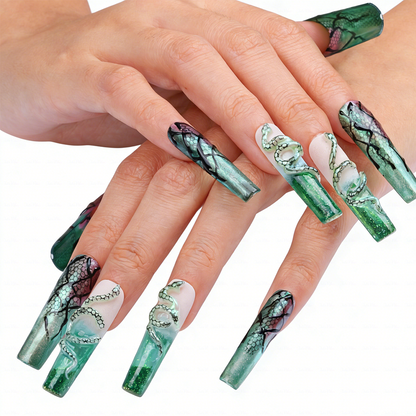 Snake Scale  Green & Purple Long Square Water Press-Ons with 3D Snake & Cracked Print Accents
