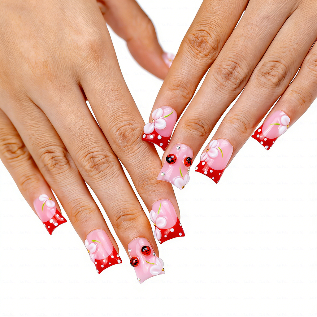 Kawaii Spring Ladybug – Pink & Red Short Duck Press-Ons with 3D Flower Charms