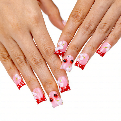 Kawaii Spring Ladybug – Pink & Red Short Duck Press-Ons with 3D Flower Charms