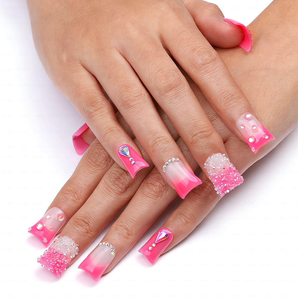 Bubblegum Bling-Hot Pink Short Duck Press-Ons with Ombre Sugar Rhinestone & Crystal Accents