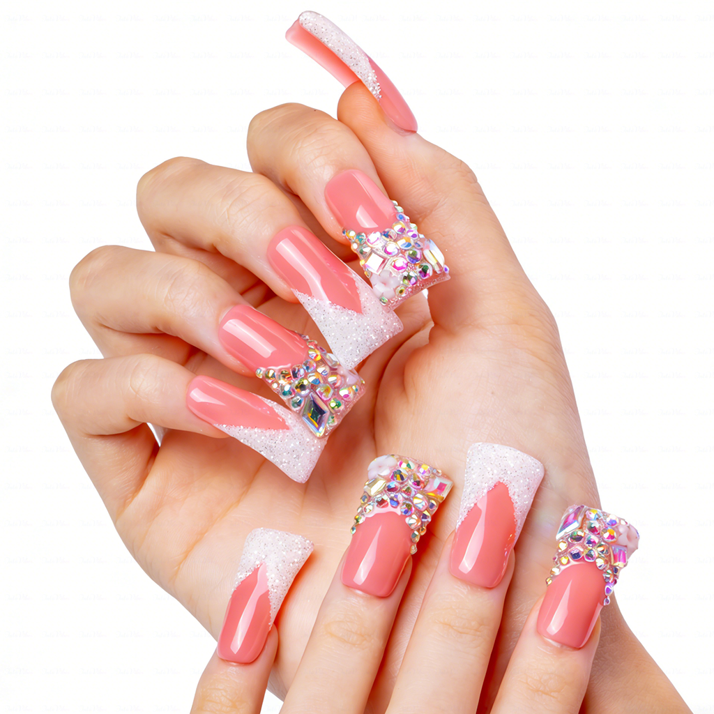 Peach Glitz – Coral & Silver Glitter Long Duck Press-Ons with Crystal Clusters