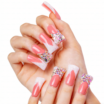 Peach Glitz – Coral & Silver Glitter Long Duck Press-Ons with Crystal Clusters
