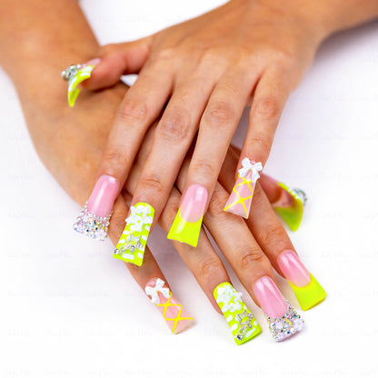 Neon Sweetie-Pink & Neon Green Long Duck Press-Ons with 3D Star & Bow Charms