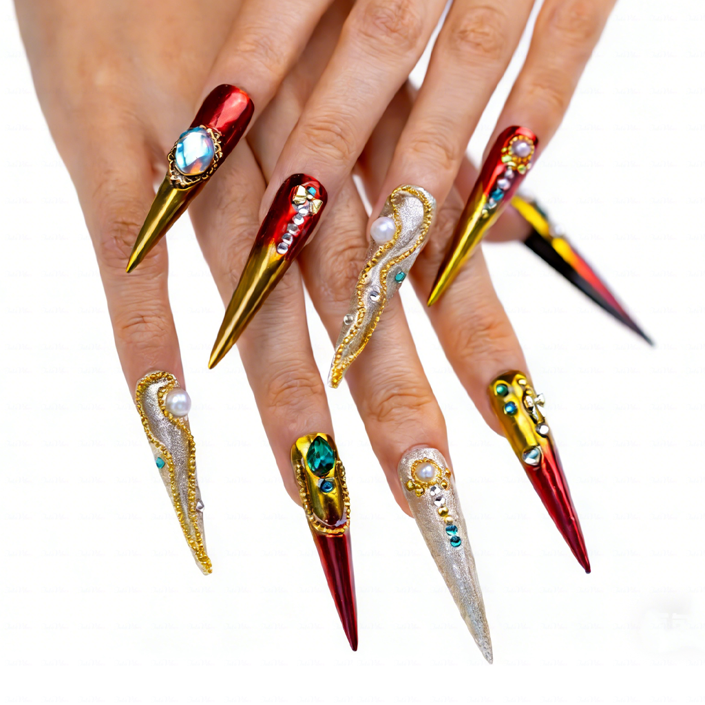 Royal Gala – Red & Gold Stiletto Press-Ons with Crystal & Pearl Accents