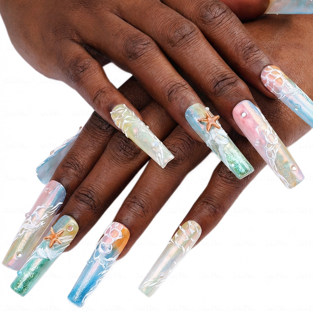 Beach Wave Pastel Rainbow Long Square Water Press-Ons with Hand-Painted Ocean & Starfish Accents