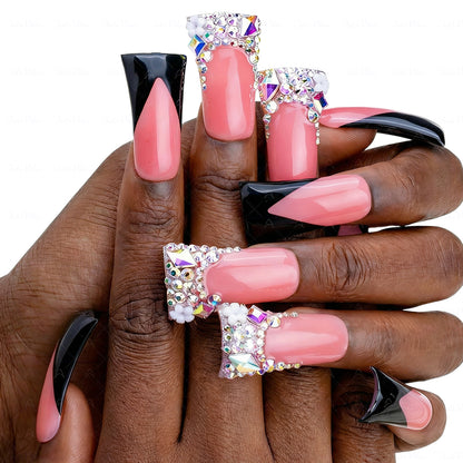 Black V French – Nude & Black Long Duck Press-Ons with Iridescent Rhinestone Accents
