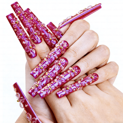 Bloom Aurora – Iridescent Purple Long Square Press-Ons with 3D Floral Charms