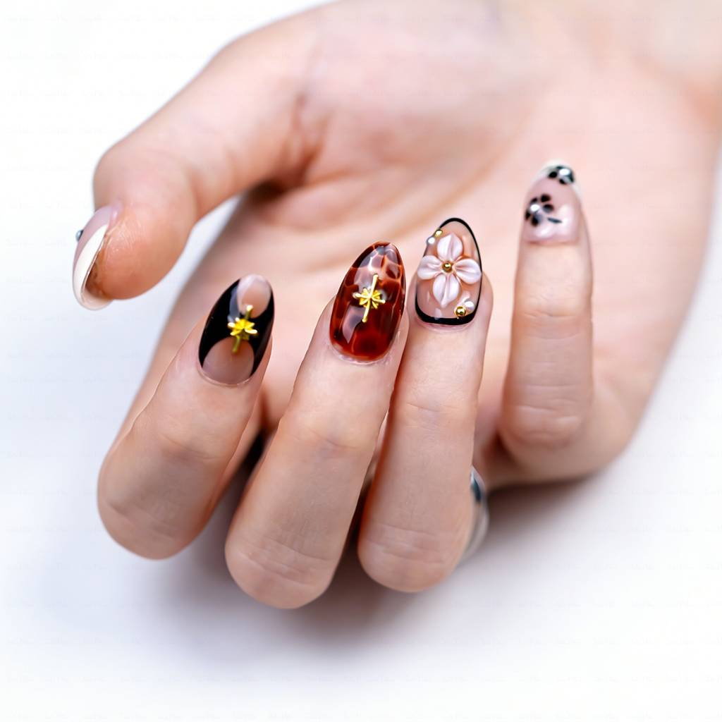 Tortoiseshell Cherry – Nude Brown Short Almond Press-Ons with Tortoiseshell & 3D Floral Accents