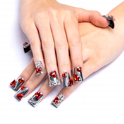 Ruby Chrome – Metallic Silver Short Duck Press-Ons with Red Crystal & Heart Charms