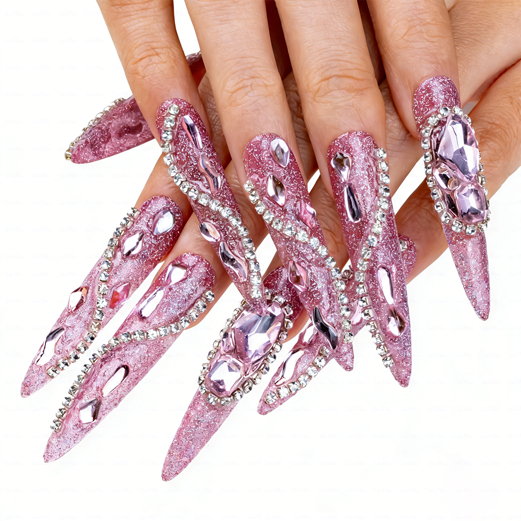 Pink Glitz Twist – Glitter Pink Stiletto Press-Ons with Rhinestone Swirls